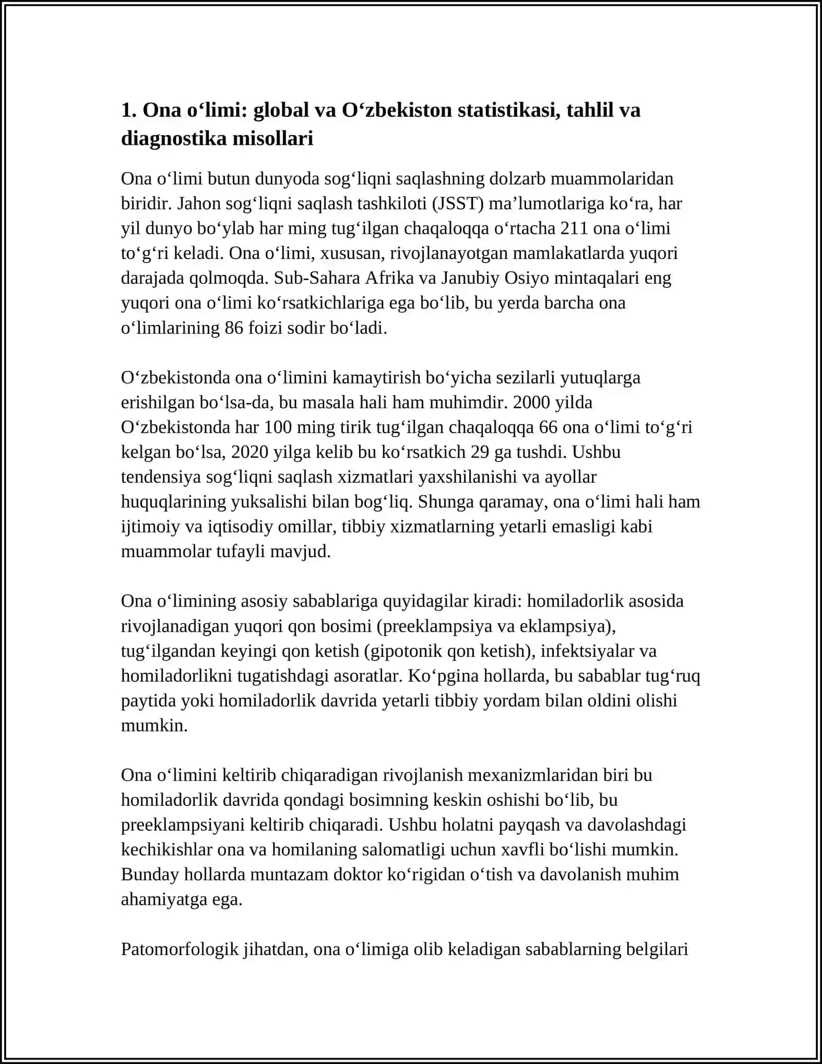 ONALAR O‘LIMI.ONALAR O‘LIMI MUAMMOSI, SABABLARI, RIVOJLANISH MEXANIZMLARI VA PATAMORFOLOGIK XOS BELGILARI.DIAGNOSTIKASI BO‘YICHA MISOLLAR TUZING 4