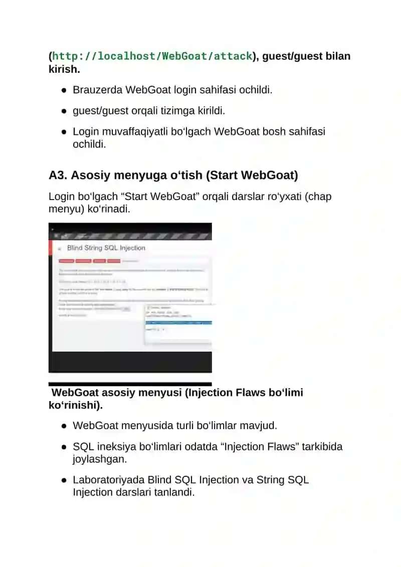 OWASP WebGoat simulyatorida SQL Injection (Blind va String) zaifligini amalda tekshirish 4
