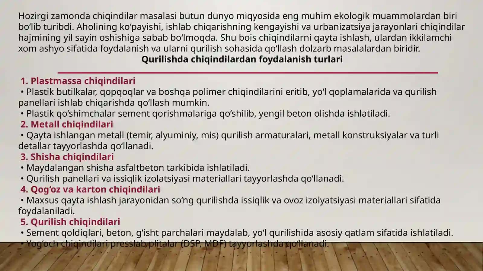 MUSTAQIL ISH Chiqindilarni qayta ishlash va qurilish sohasida ishlatilishi 4