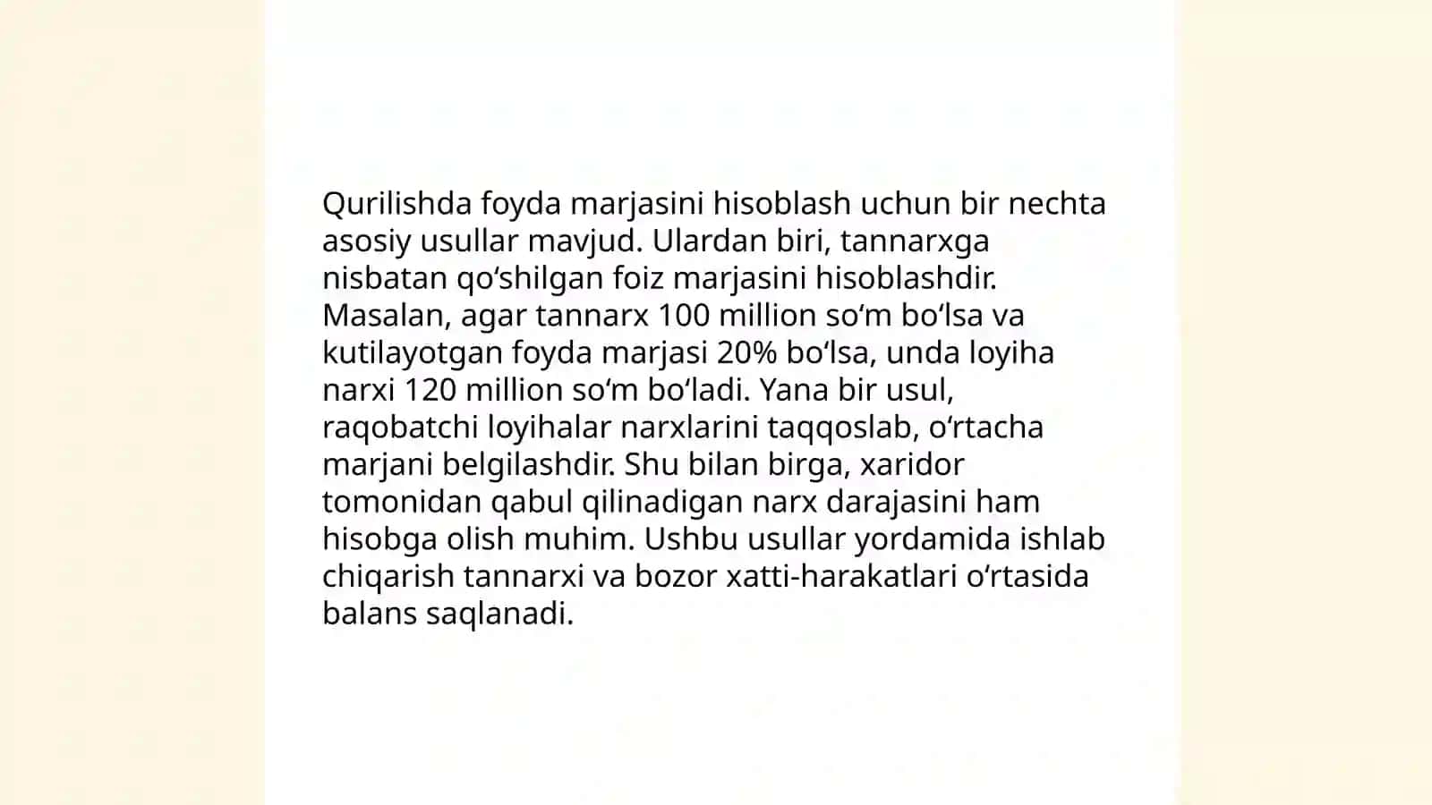 Qurilishda foyda, rentabellik va tannarx 4
