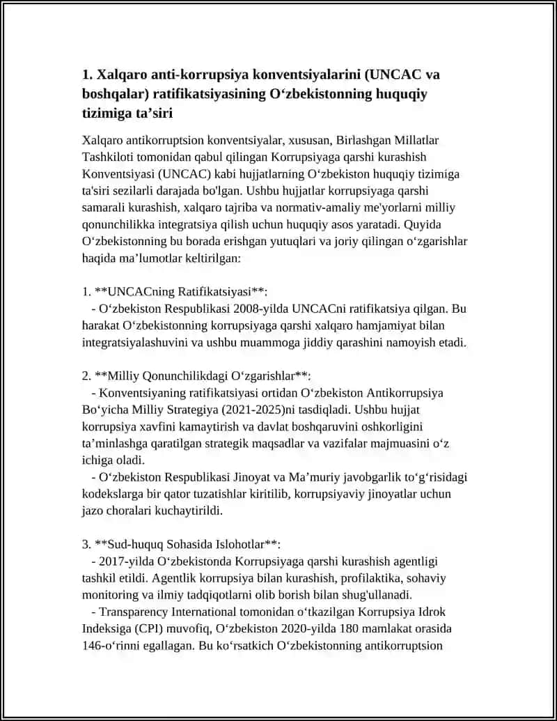KORRUPSIYAGA QARSHI KURASH BOʻYICHA XALQARO QONUNLAR VA QARORLARNING OʻZBEKISTONDA RATIFIKATSIYA QILISHNING AHAMIYATI 4