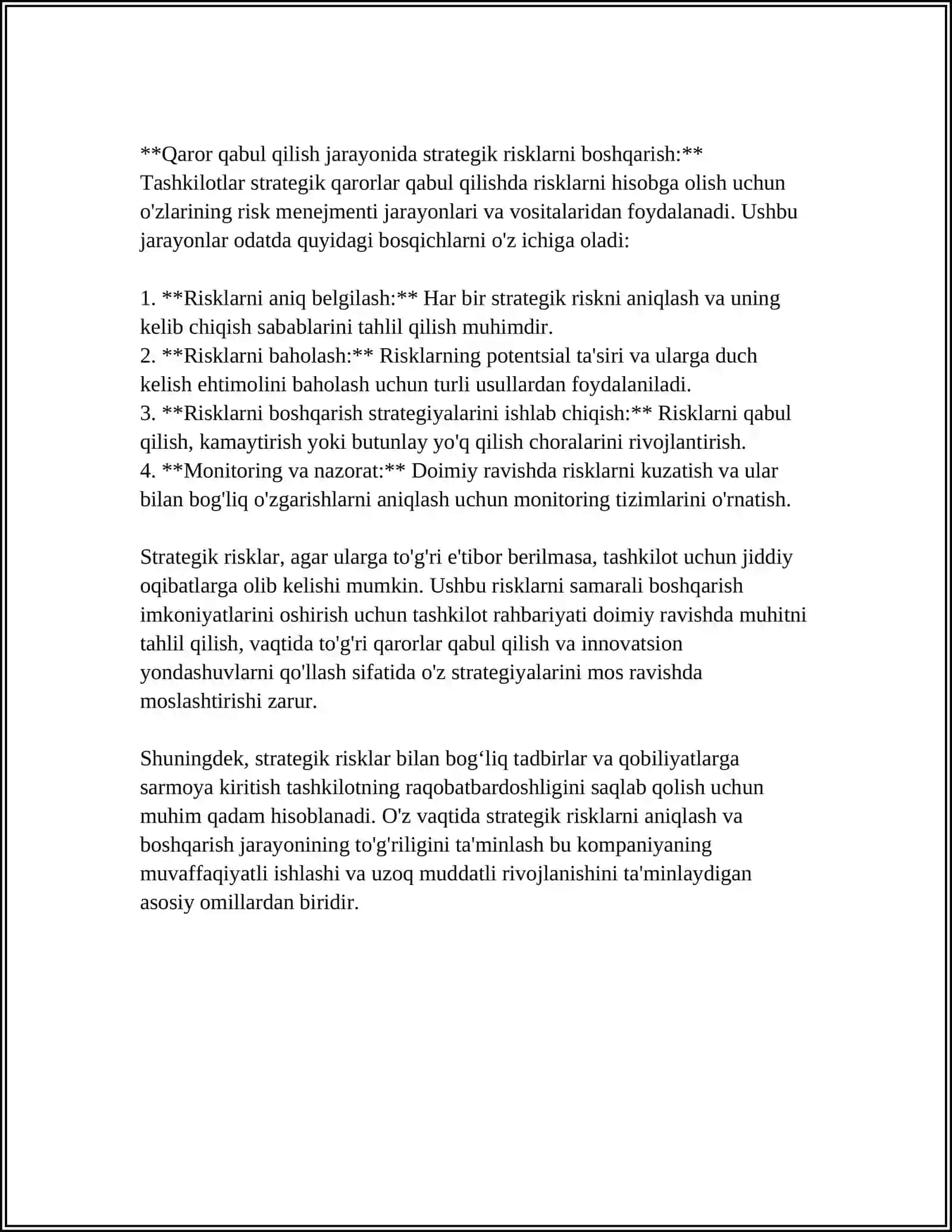 STRATEGIK RISKLAR VA ULARNI BOSHQARISH YO’LLARINI TUSHUNTIRING MUSTAQIL ISH 4