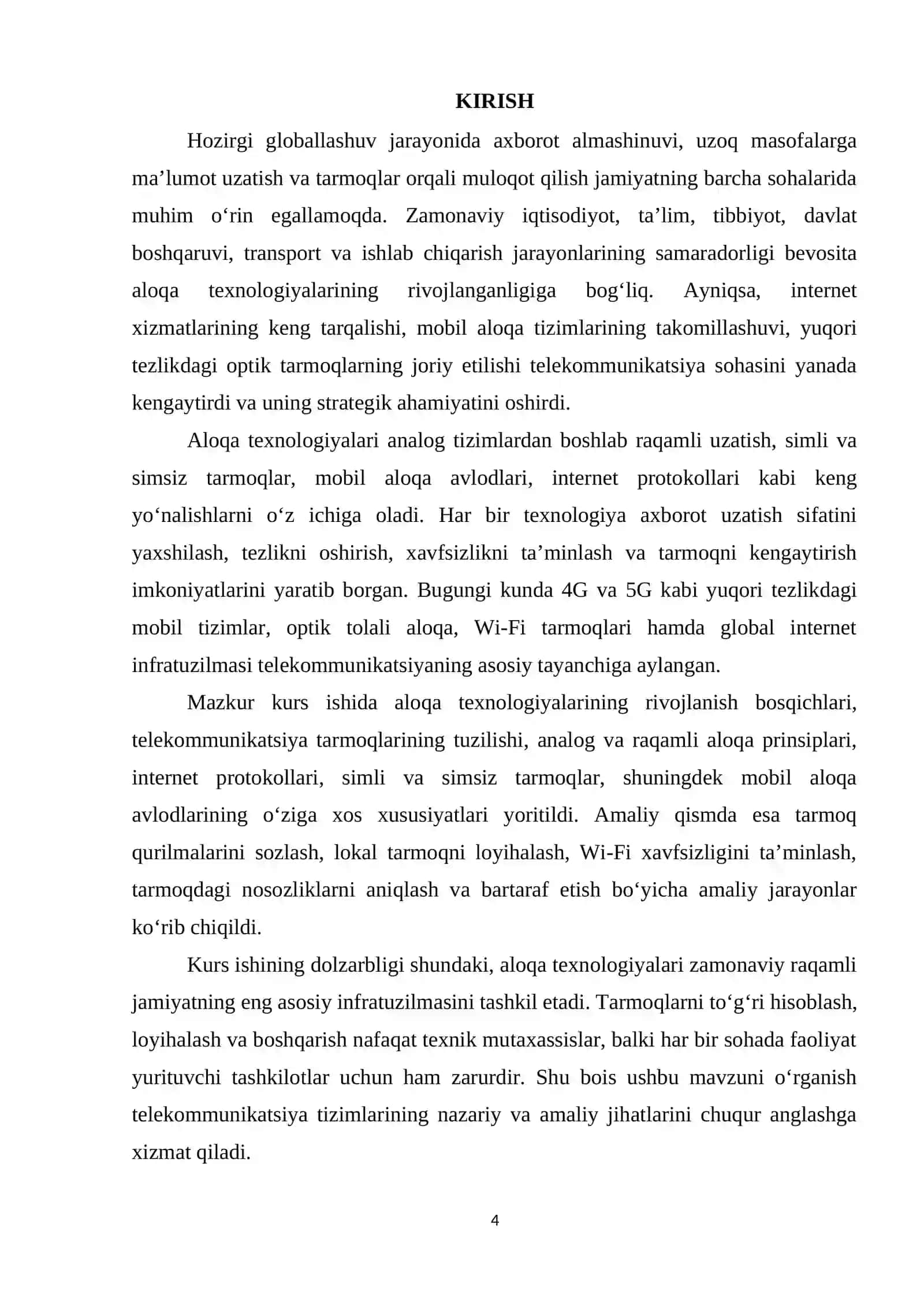 ALOQA TEXNOLOGIYALARI VA TARMOQLAR KURS ISHI ISHIGA HISOBOT YOZUVI 4