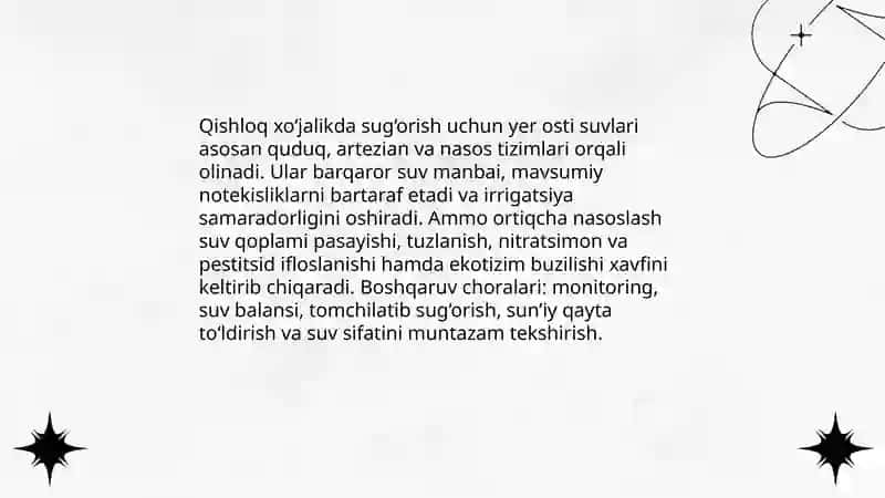 Yer osti suvlaridan turli maqsadlarda foydalanish. Ifloslanish turlari 4