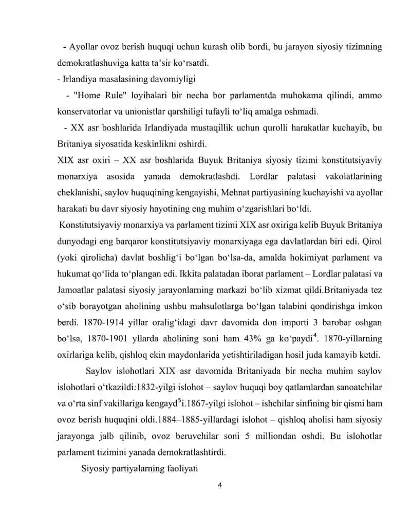 Mavzu: “XIX asr oxiri - XX asr boshlarida Buyuk Britaniyaning siyosiy va iqtisodiy ahvoli” mavzusini oʻrganish. 4