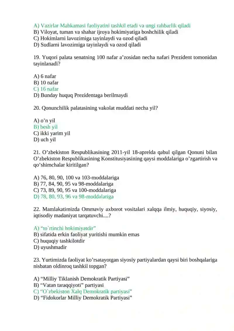 "O‘zbekistonda demokratik, fuqarolik jamiyati asoslarining shakllanishi" test savollari 4