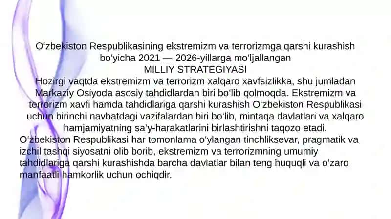 Oʻzbekistonning 2021-2026 yillarga moʻljallangan terrorizm va ekstremizmga qarshi strategiyasi 4