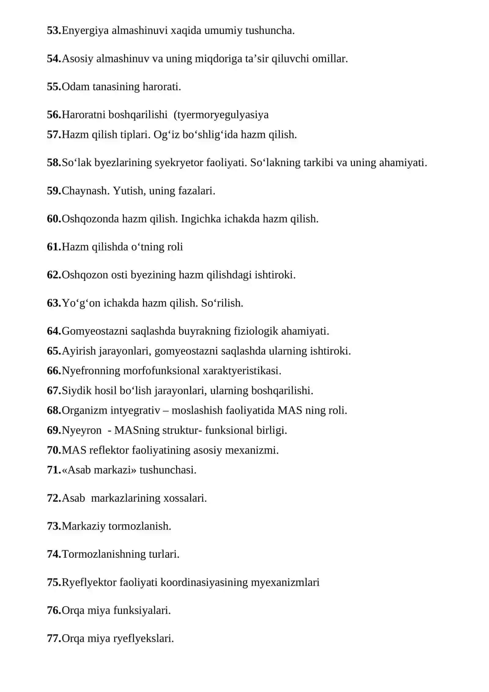 Fiziologiya va patologik fiziologiya kafedrasi “Fiziologiya” fanidan yakuniy nazorat savollari 4