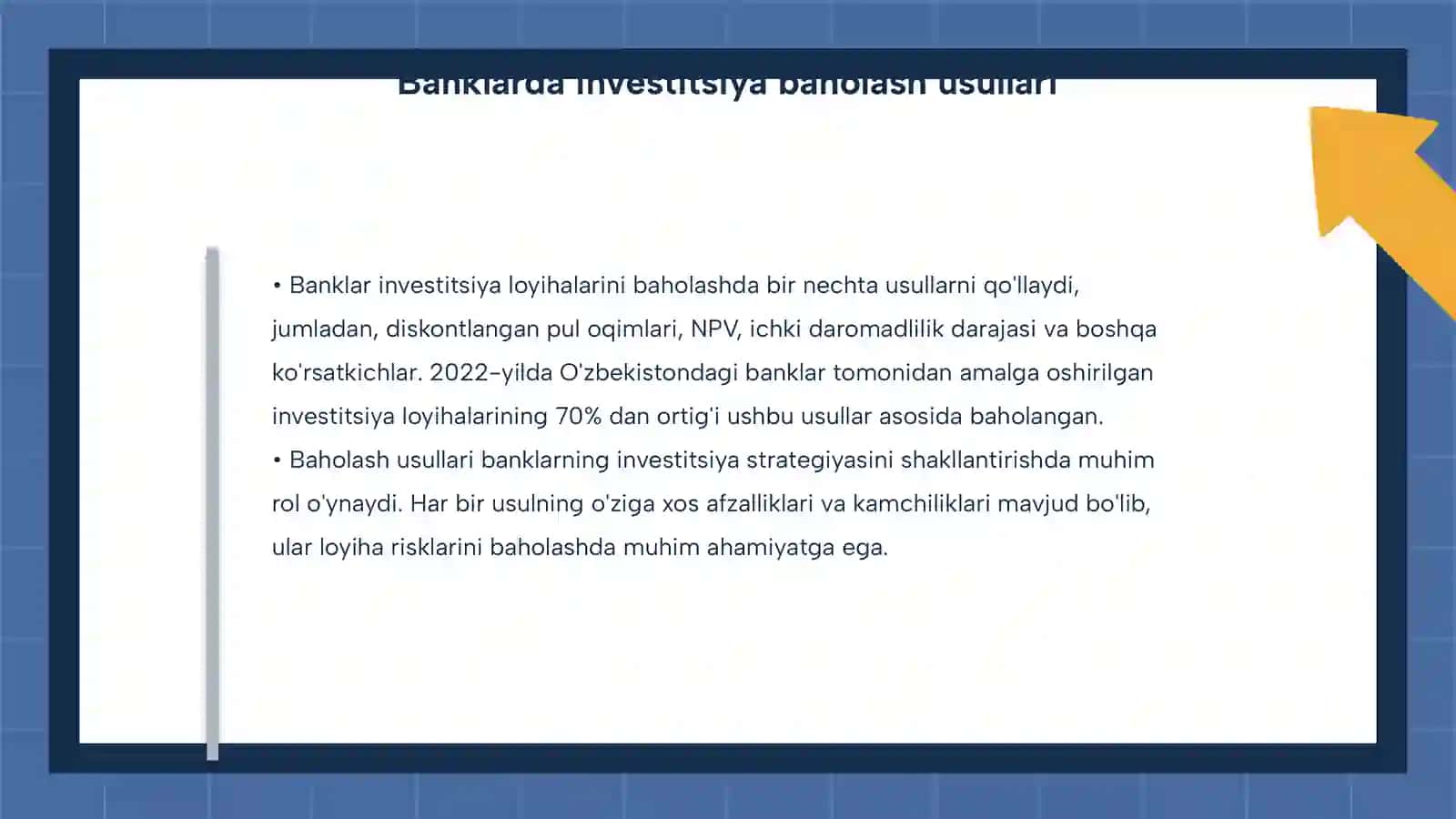 Investitsiya loyihalarining moliyaviy iqtisodiy samaradorligini baholash usullari 4