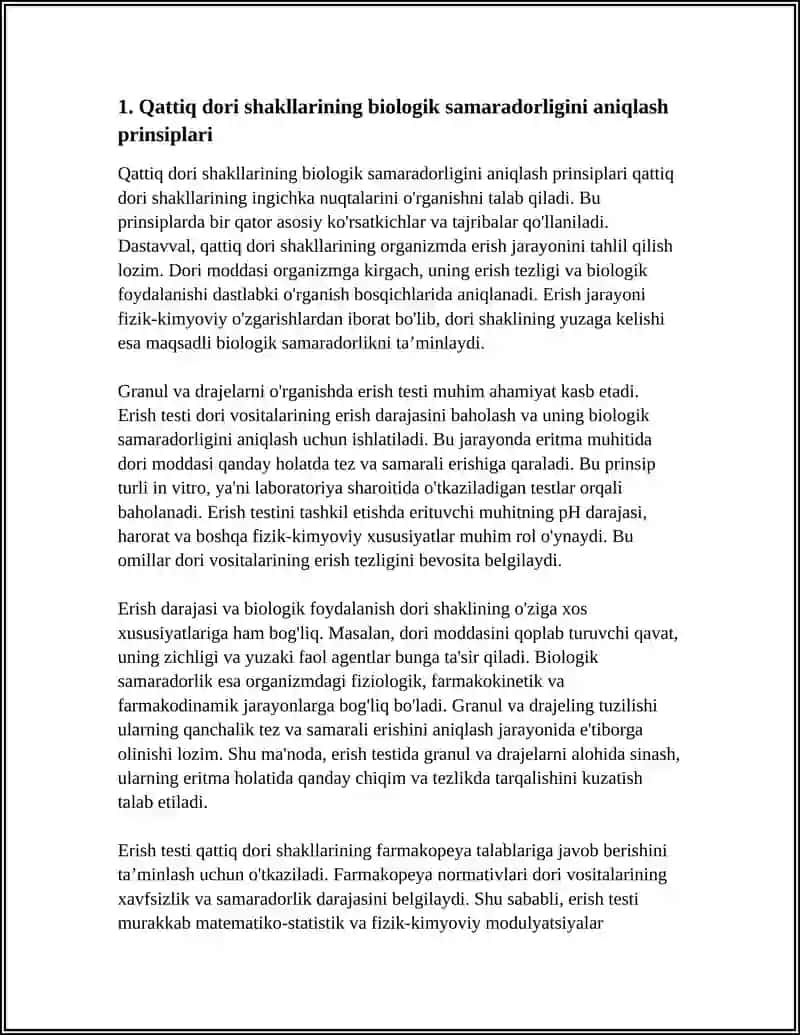 QATTIQ DORI SHAKLLARINING BIOLOGIK SAMARADORLIGINI ANIQLASH. GRANUL VA DRAJELARNING ERISH TESTINI ISHLAB CHIQISH 4