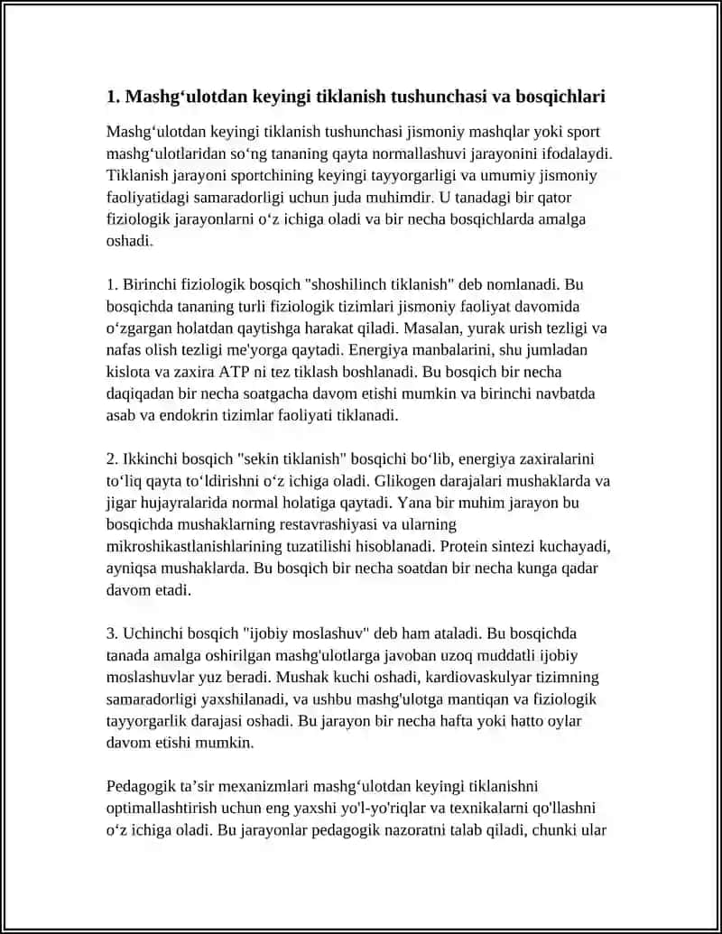 MASHGʻULOTDAN KEYINGI TIKLANISH JARAYONINING FIZIOLOGIK BOSQICHLARI VA PEDAGOGIK TAʼSIR MEXANIZMLARI QANDAY TAVSIFLANADI 4