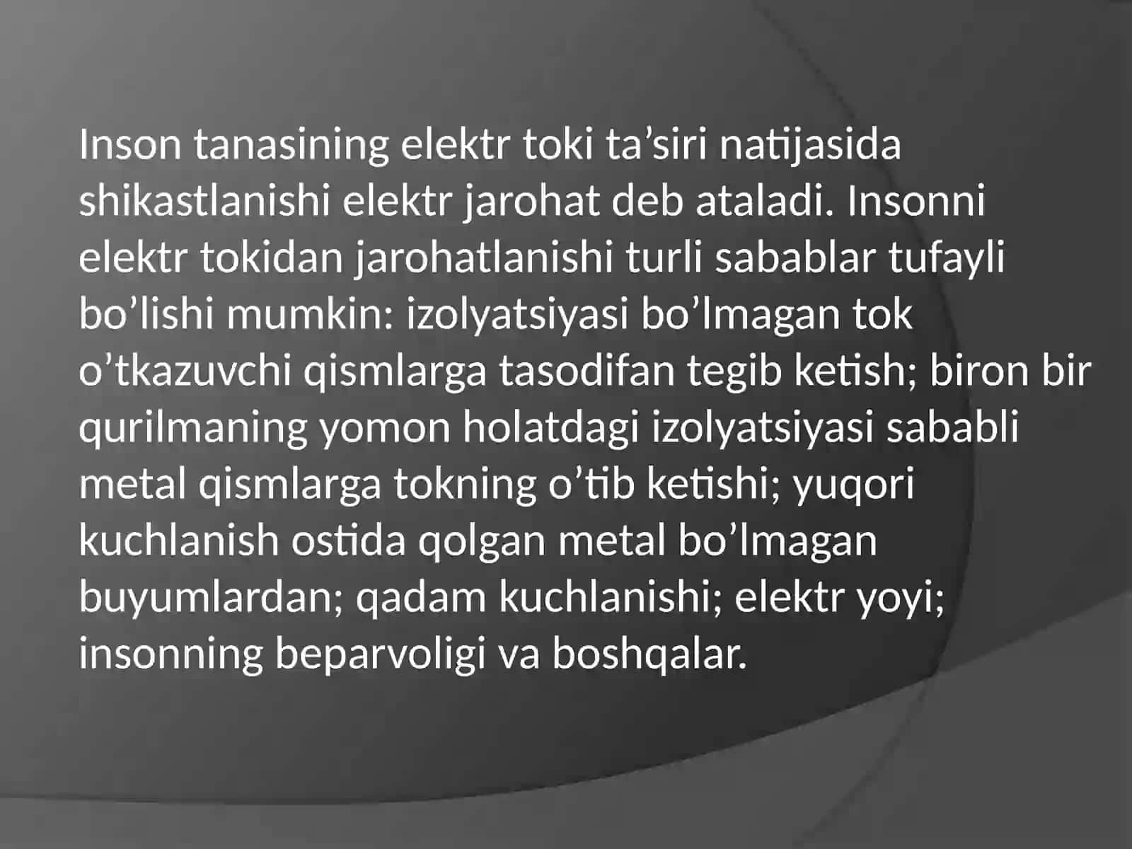 Elektr tokiniqollanilishi,odamtanasigatasirivaundanhimoyalanishchoralari 4