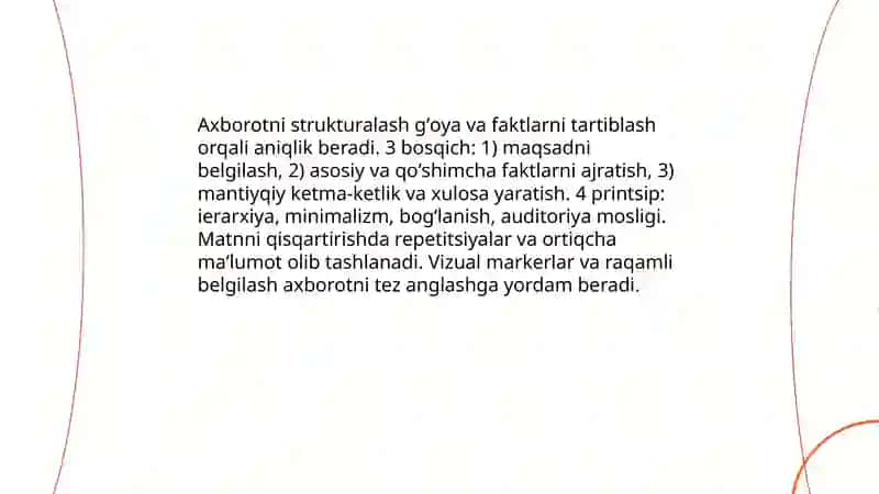 Soft skills-ijodiy fikrlash axborotni tuzish.Axborotni transformatsiyalashtirish.Matnlarni qisqartirish va uning keraksiz qismlarini olib tashlash 4