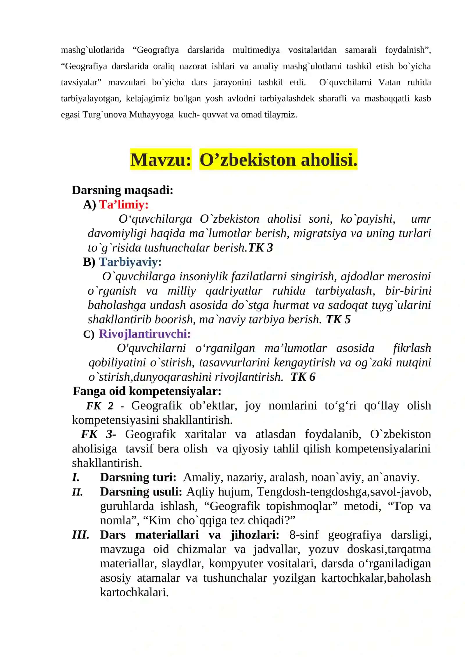 Geografiya fanidan O'zbekiston aholisi mavzuda bir soatlik dars ishlanma 4
