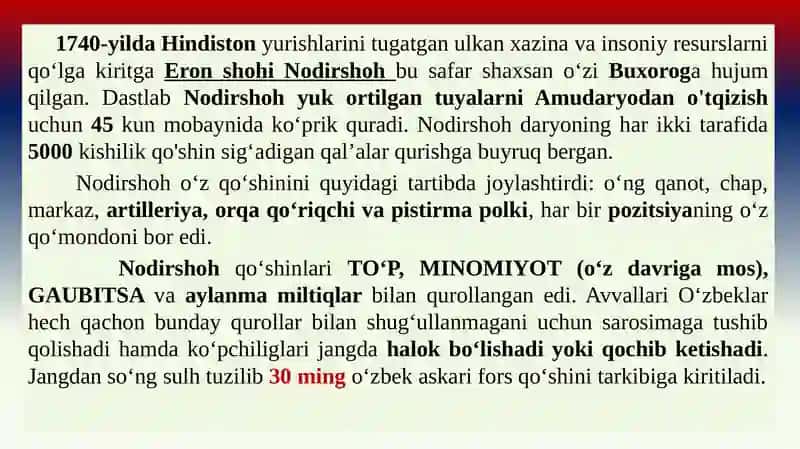 Buxoro amirligining tashkil topishi va siyosiy tarixi (XVIII asr ikkinchi yarmi –XIX asrning birinchi yarmi). 4