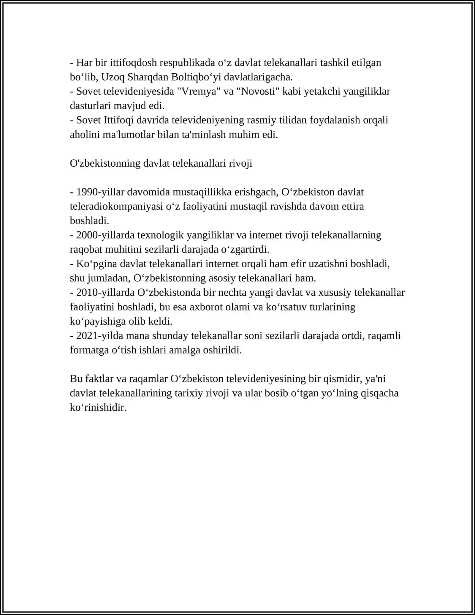 DAVLATGA QARASHLI TELEKANALLARNI O'RGANISH 4