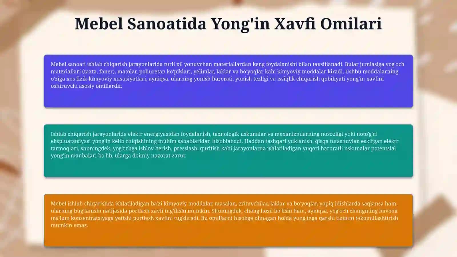 "MEBEL SEXIDA YONG'IN XAFINI BAHOLASH VA YONG'INGA QARSHI PROFILAKTIK CHORALAR TIZIMINI TAKOMILLASHTIRISH" 4