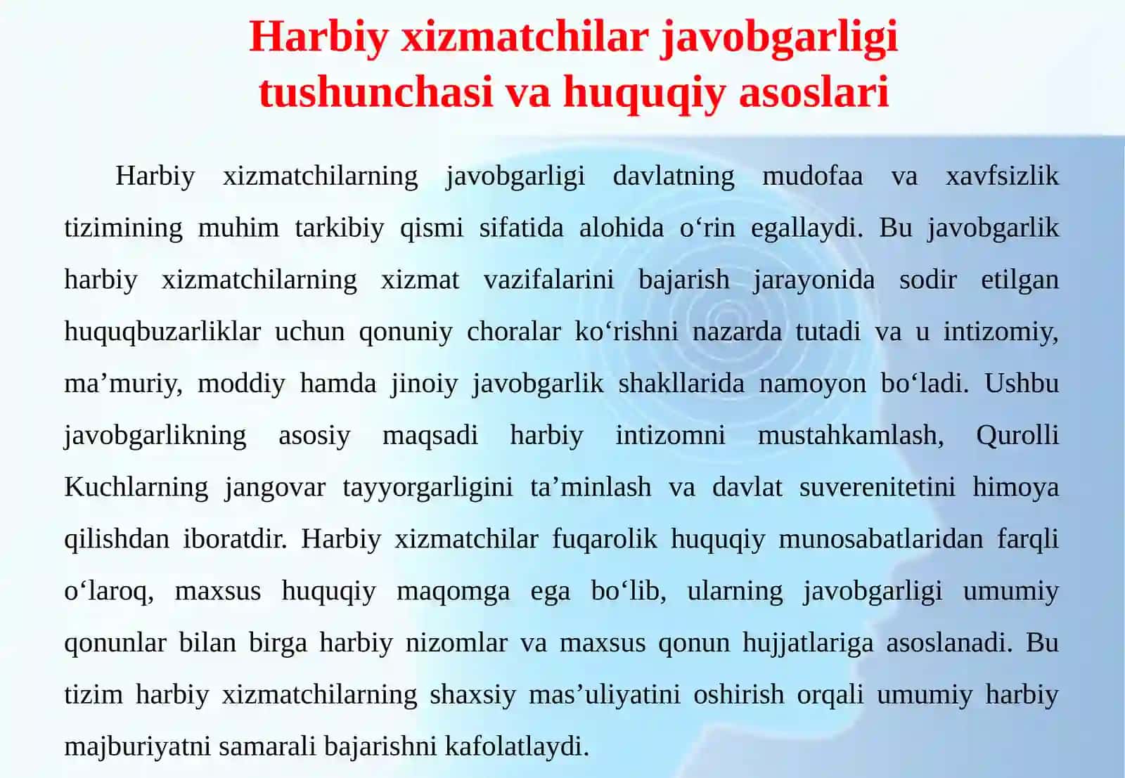 HARBIY XIZMATCHILAR VA INTIZOM USTAVLARI TATBIQ ETILADIGAN BOSHQA SHAXSLARNING JAVOBGARLIGI 4