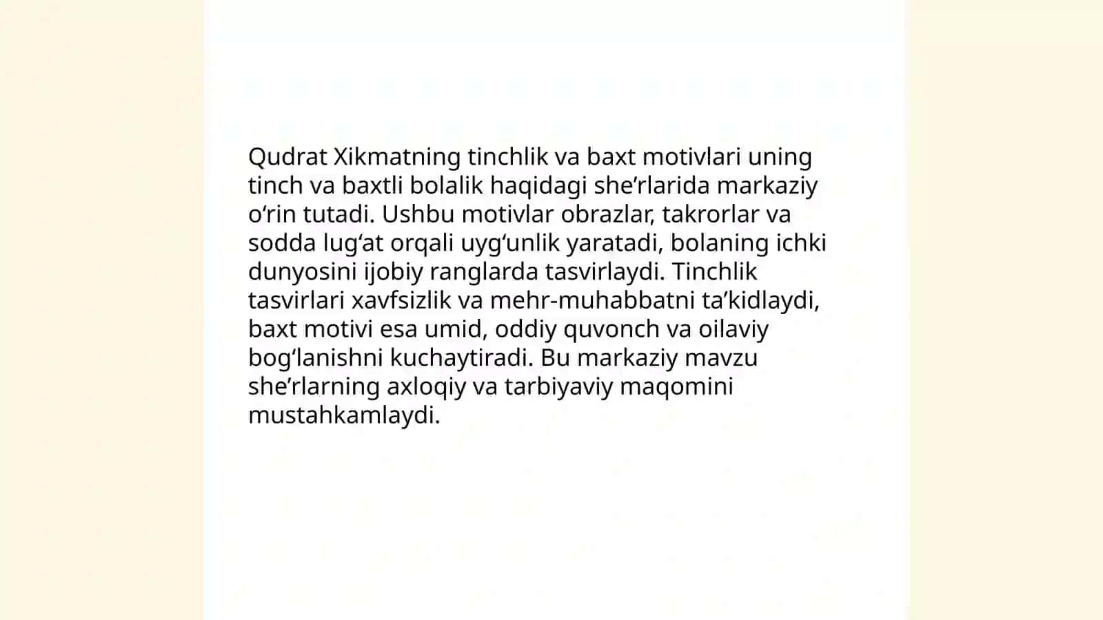 Qudrat Xikmatning tinchlik va baxtli bolalik haqidagi she'rlarining o'ziga xos xususiyati 4