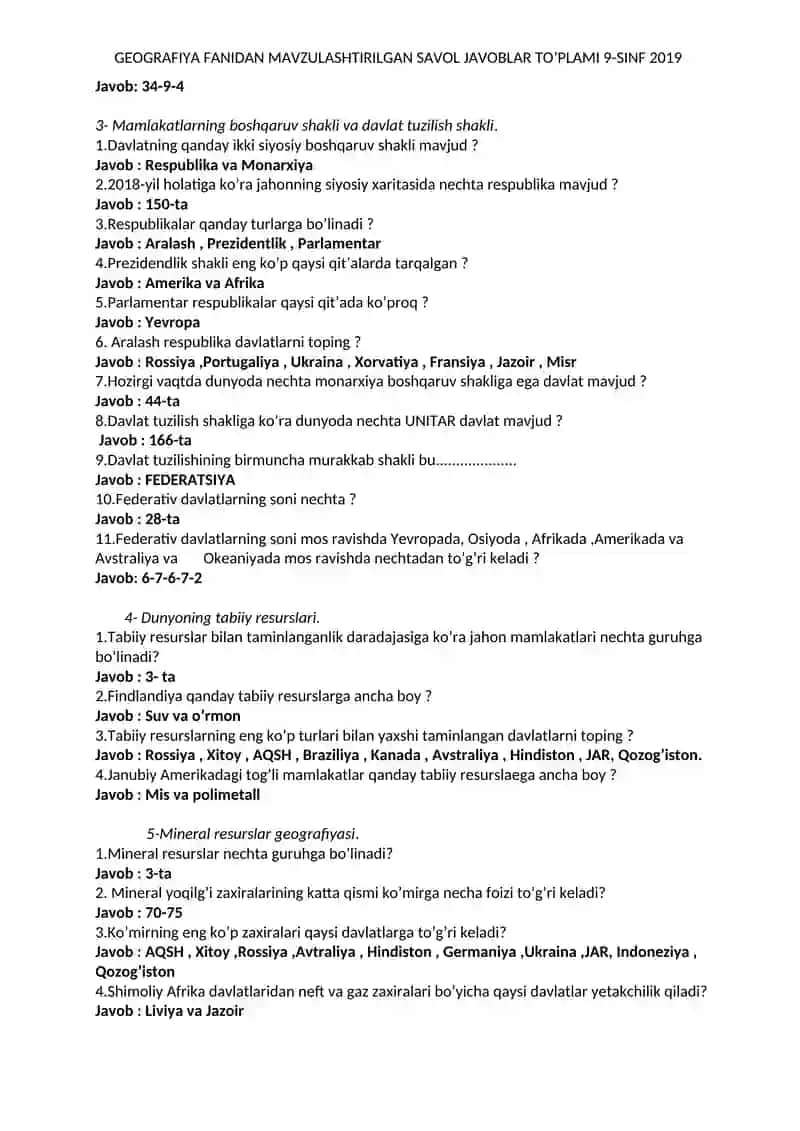 GEOGRAFIYA FANIDAN MAVZULASHTIRILGAN SAVOL JAVOBLAR TO’PLAMI 9-SINF 2019 2020 4