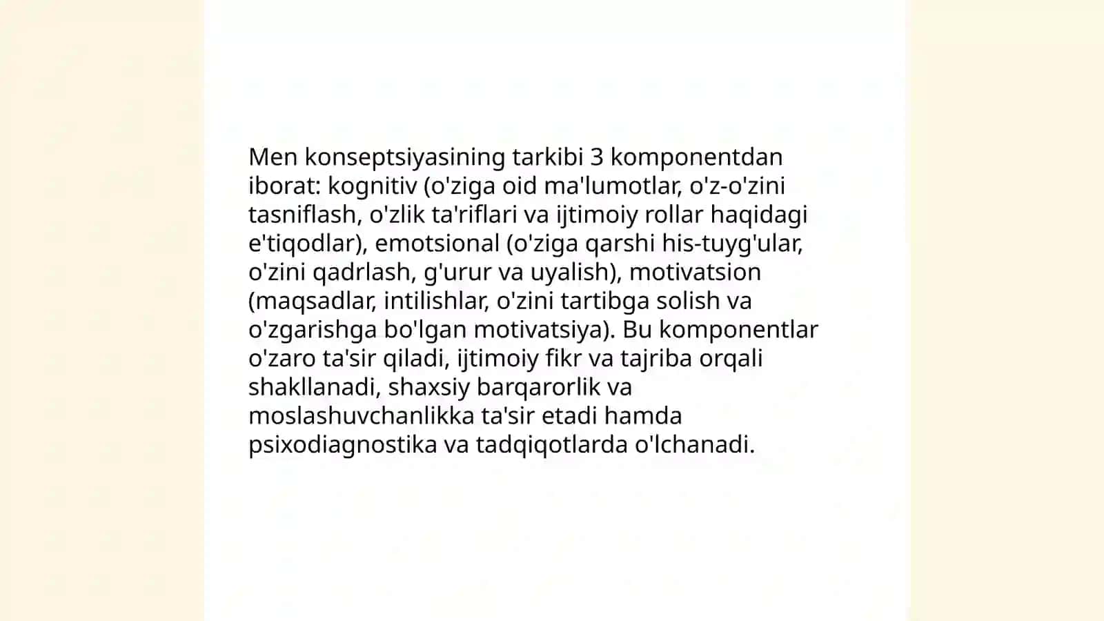 Shaxsning o'z o'zini anglashi va Men konseptsiyasi. Shaxsning sotsial tasavvurlari 4