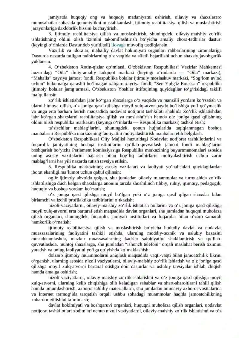 O’zbekistonda oilaviy maishiy zo’rlik ishlatishning oldini olish borasida amalga oshirilayotgan tadbirlar 4