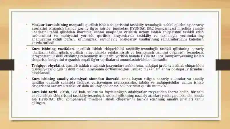 Ishlab chiqarishni tashkiliy-texnologik tashkil qilish ( HYUNDAI E&C Misolida) 4