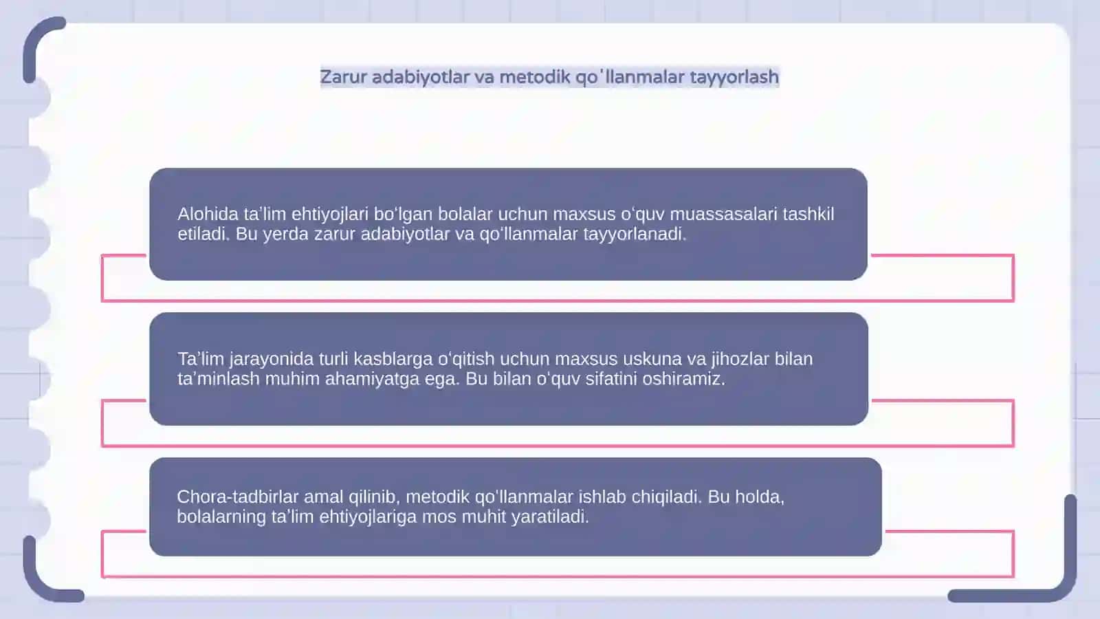 Alohida taʼlim ehtiyojlari boʻlgan bolalar oʻqitiladigan taʼlim muassasalari zarur adabiyotlar metodik qoʻllanmalar 4