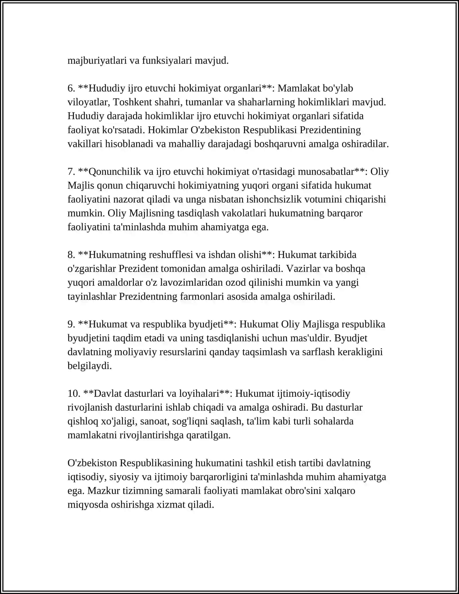 MUSTAQIL ISH Mavzu: O'ZBEKISTON RESPUBLIKASI HUKUMATINI TASHKIL ETISH TARTIBI, UNING TARKIBIVA FAOLIYATINI AMALGA OSHIRISH TARTIBI 4