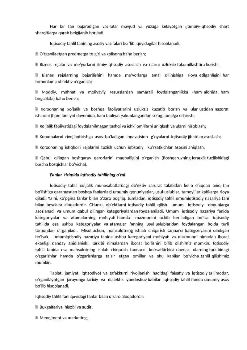 Iqtisodiy tahlilning mazmuni, vazifalari, metodi va unda qo’llaniladigan an’anaviy usullar 4