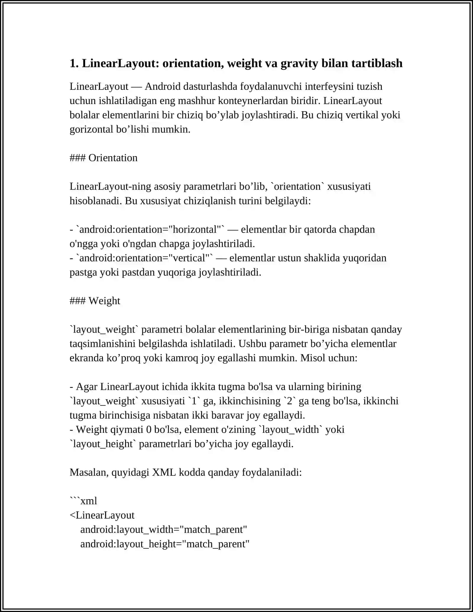 ANDROID TARTIB TURLARI VA DRAWABLE OB'EKTLARI BILAN ISHLASH 4