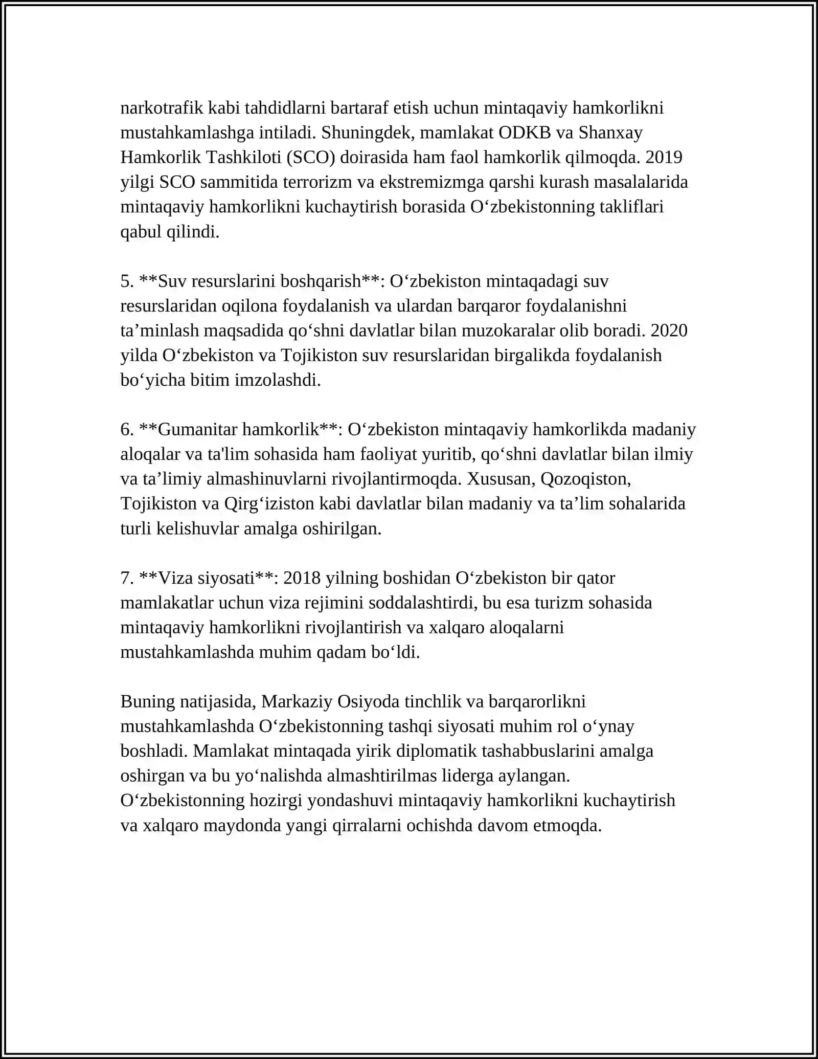 O'BEKISTONNING MARKAZIY OSIYODA TINCHLIK VA BARQARORLIKNI TA'MINLASHDAGI O'RNI 4