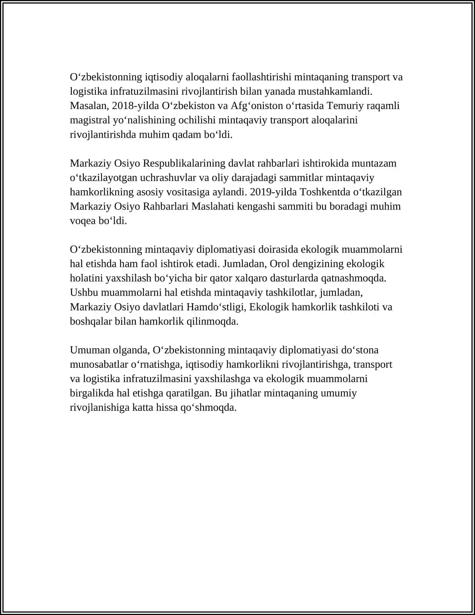 O‘ZBEKISTONNING MARKAZIY OSIYODA TINCHLIK VA BARQARORLIKNI TAMIRLASHDAGI O‘RNI 4