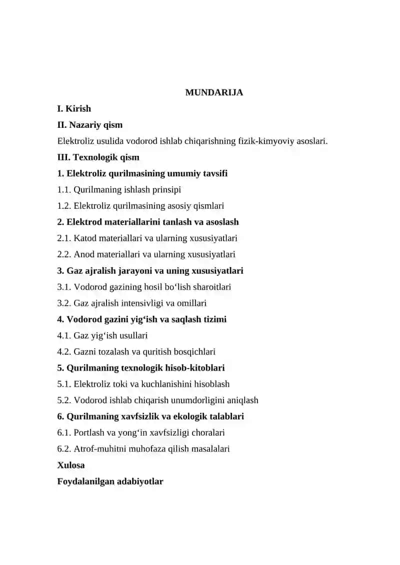 ELEKTROLIZ USULIDA VODOROD ISHLAB CHIQARISH QURILMASI (ELEKTROD MATERIALLARINI TANLASH, GAZ YIG'ISH TIZIMI 4