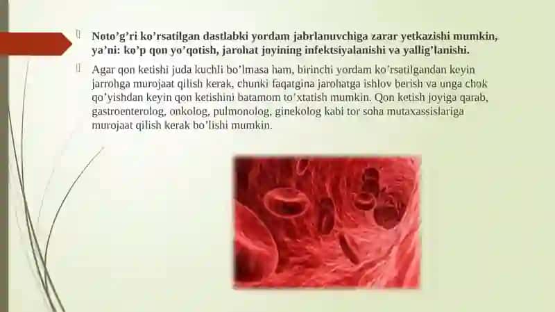 QON KETISHI — TURLARI, QON KETGANDA BIRINCHI YORDAM KO’RSATISH, QONNI TO’XTATISH USULLARI 4