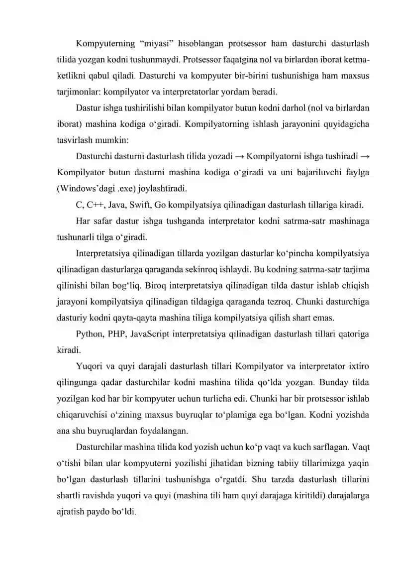 DASTURLASH PARADIGMALARINI QO‘LLAB–QUVVATLASH. QUYI VA YUQORI DARAJALI DASTURLASH TILLARI. 4