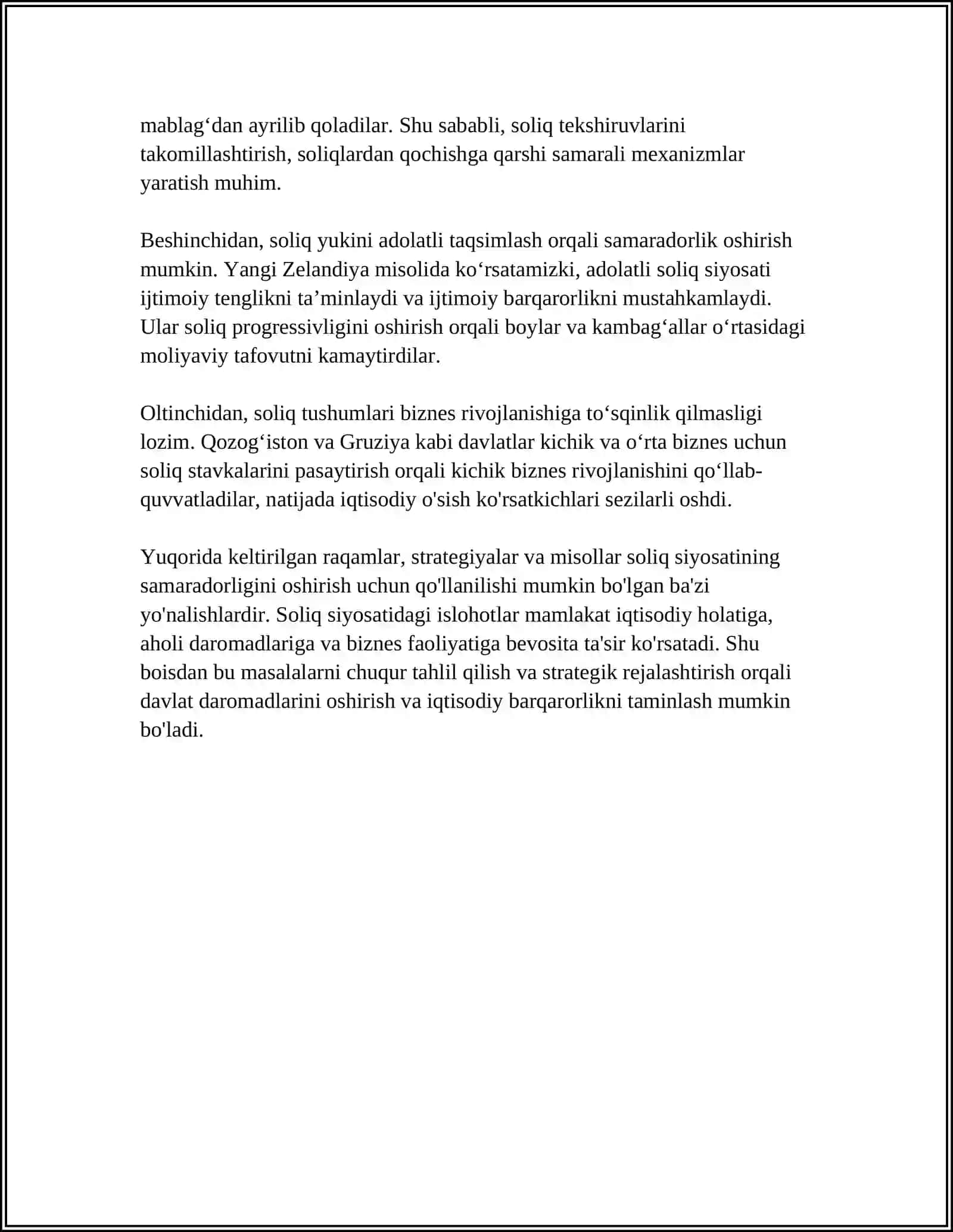 MUSTAQIL ISH Mavzu: OʻZBEKISTON RESPUBLIKASIDA SOLIQ SIYOSATINI TAKOMILLASHTIRISH YOʻLLARI 4