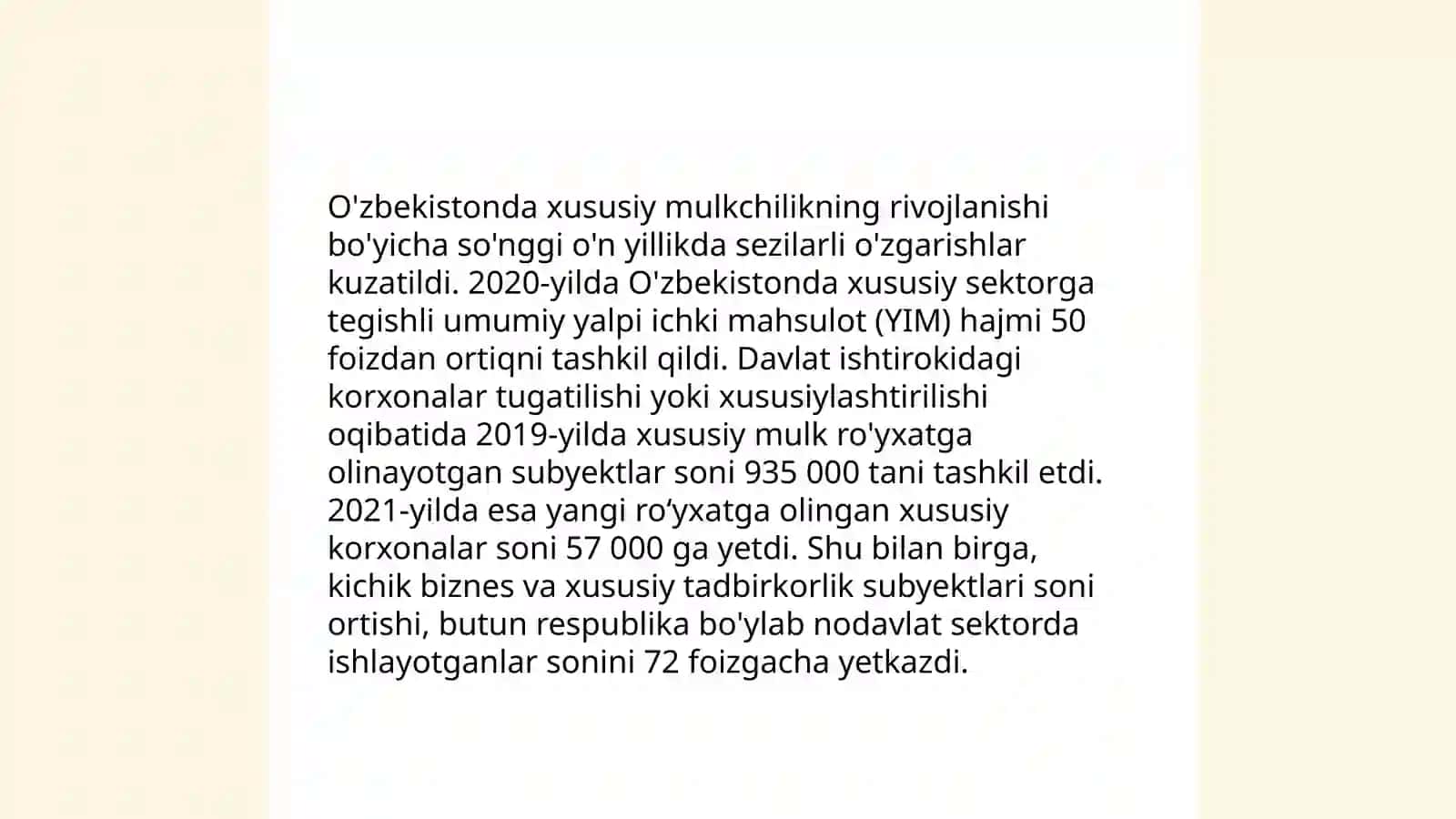 Iqtisodiy islohotlar, xususiy mulkchilikning shakllanishi.Oʻzbekistonda bozor munosabatining shakllanishi 4