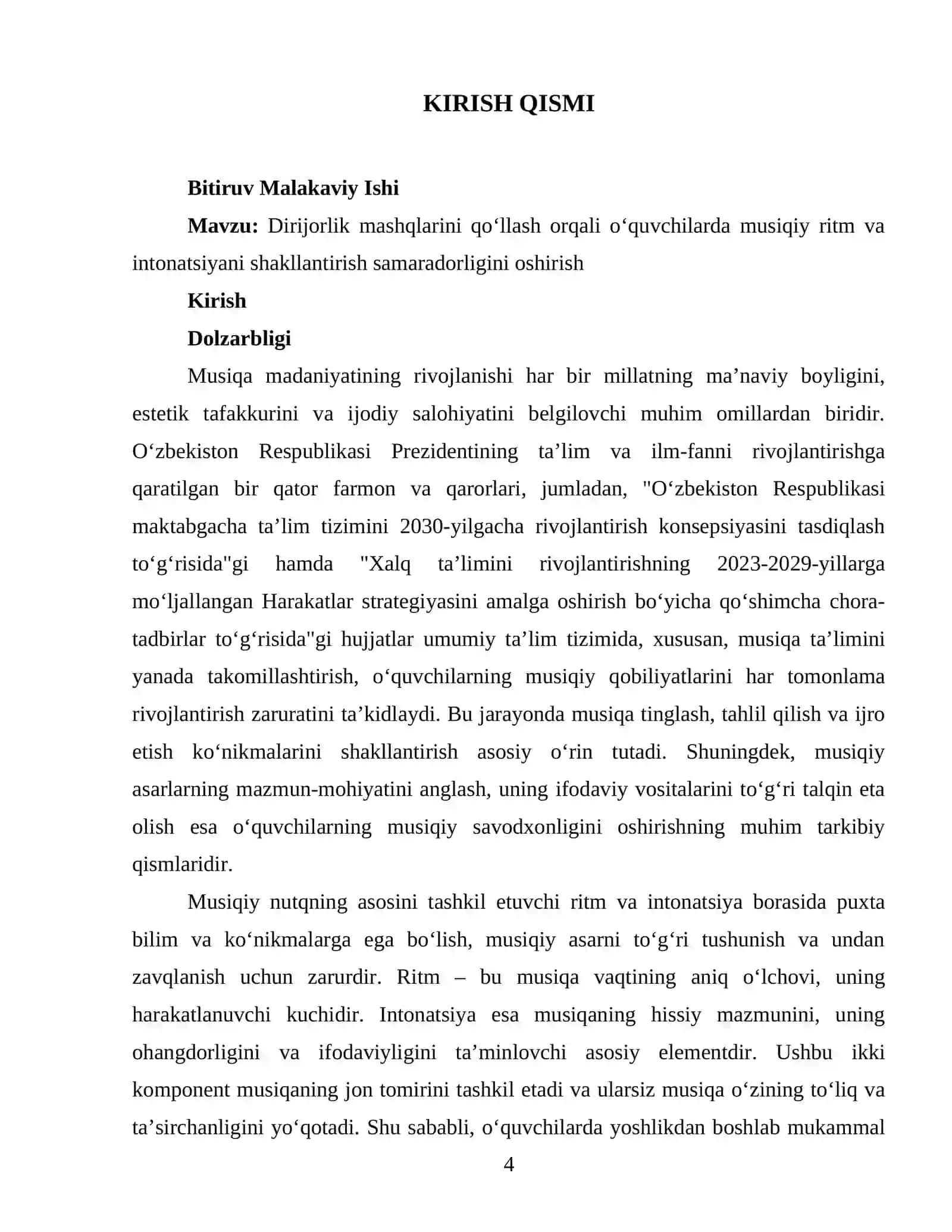 Dirijorlik mashqlarini qo‘llash orqali o‘quvchilarda musiqiy ritm va intonatsiyani shakllantirish. 4