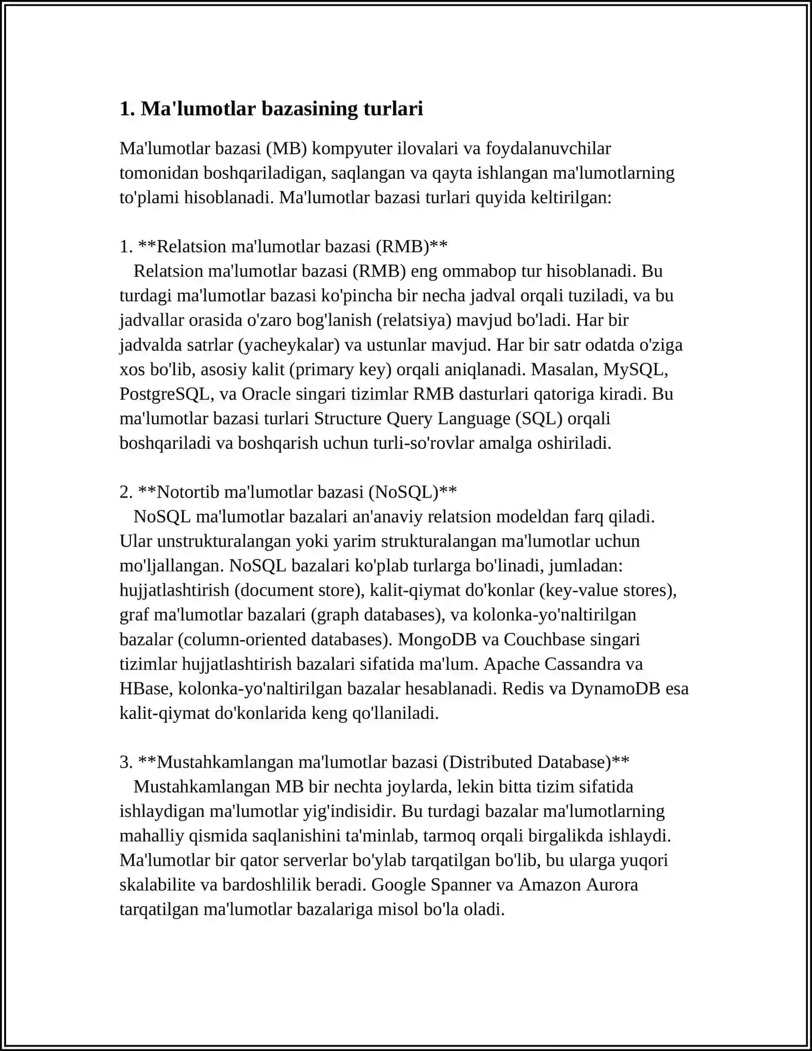MUSTAQIL ISH Mavzu: MA‘LUMOTLAR BAZASI MODELLARI VA MOHIYAT-ALOQA MODELI 4