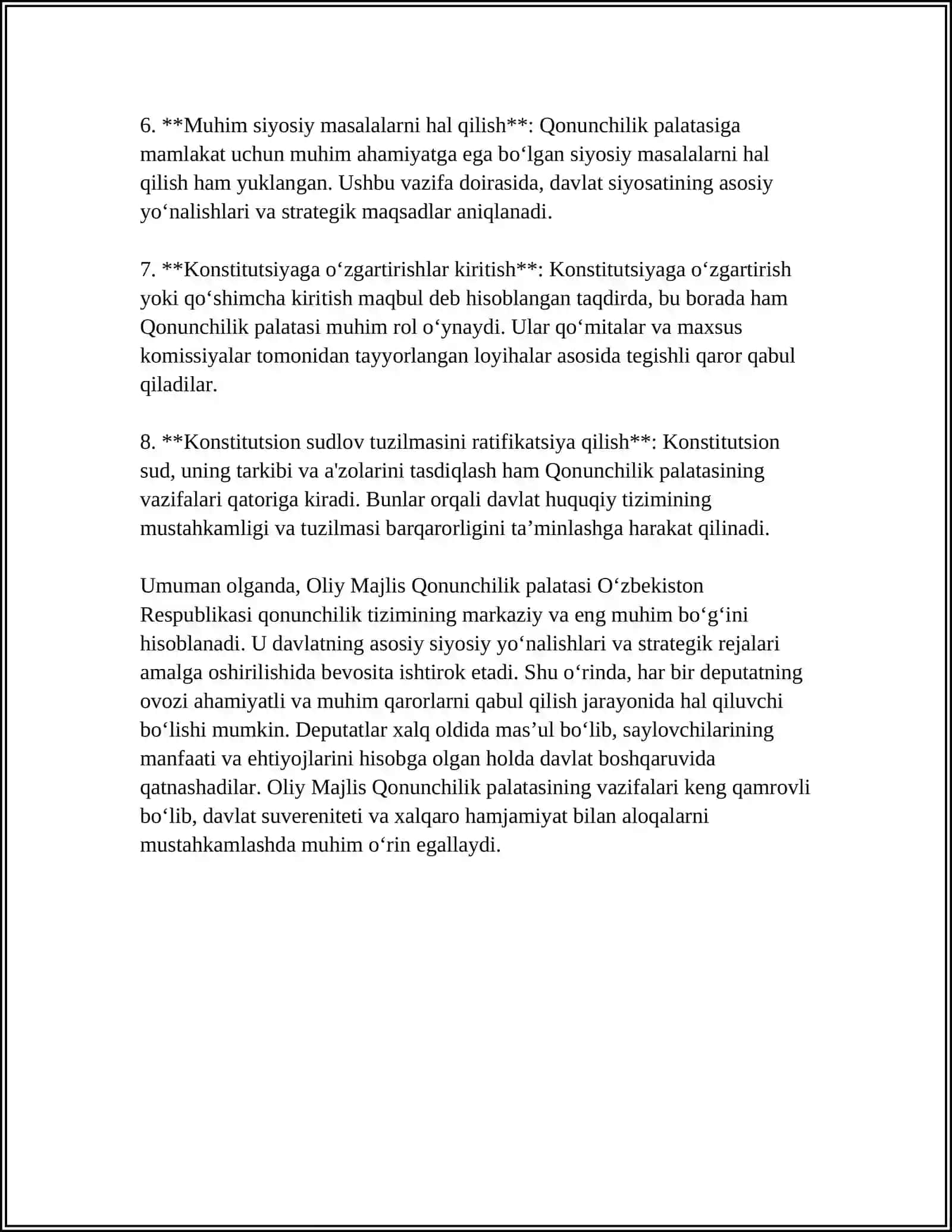 MUSTAQIL ISH Mavzu: OLIY MAJLIS QONUNCHILIK PALATASINING HUQUQIY HOLATI 4