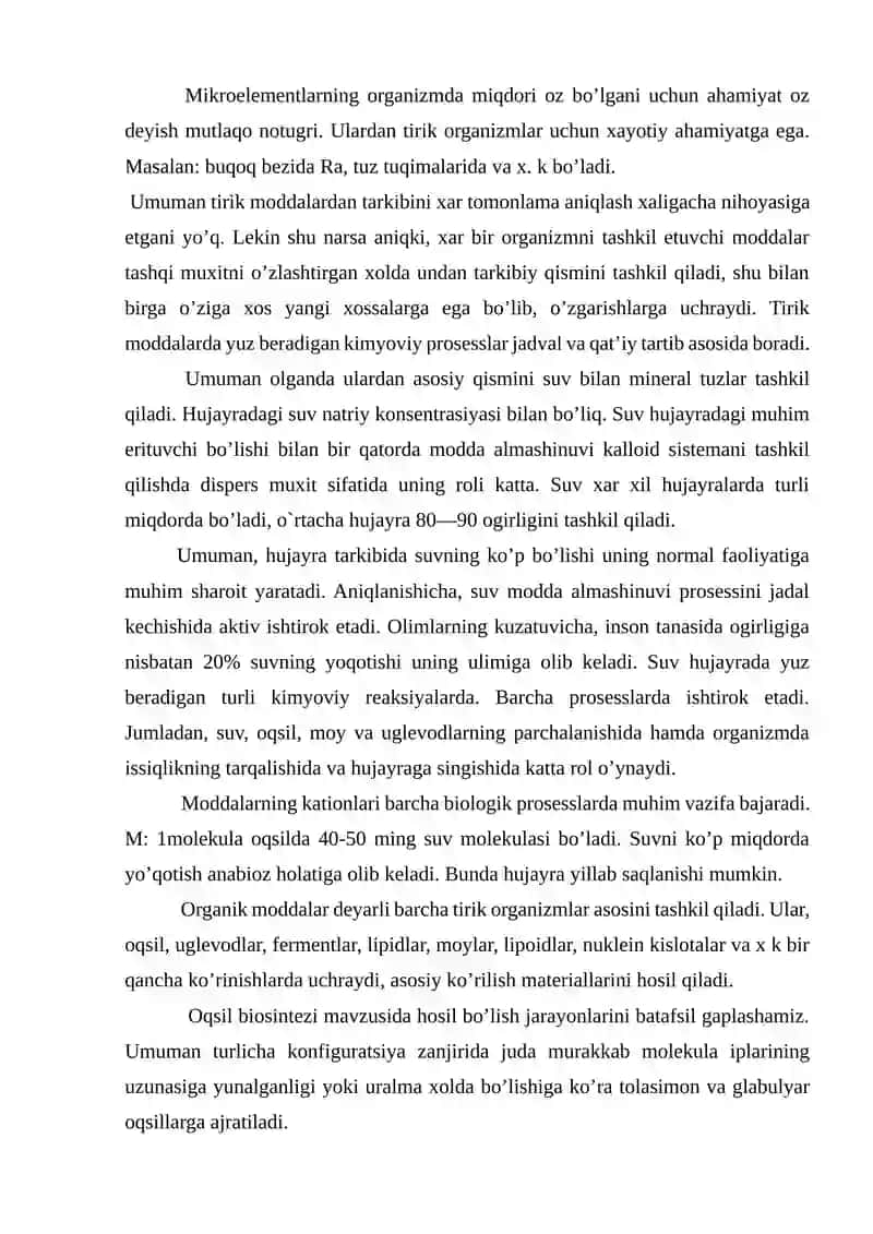 Hujayraning kimyoviy tarkibi, asosiy zaxira moddalari va ularning moddalar almashinuvidagi vazifasi 4