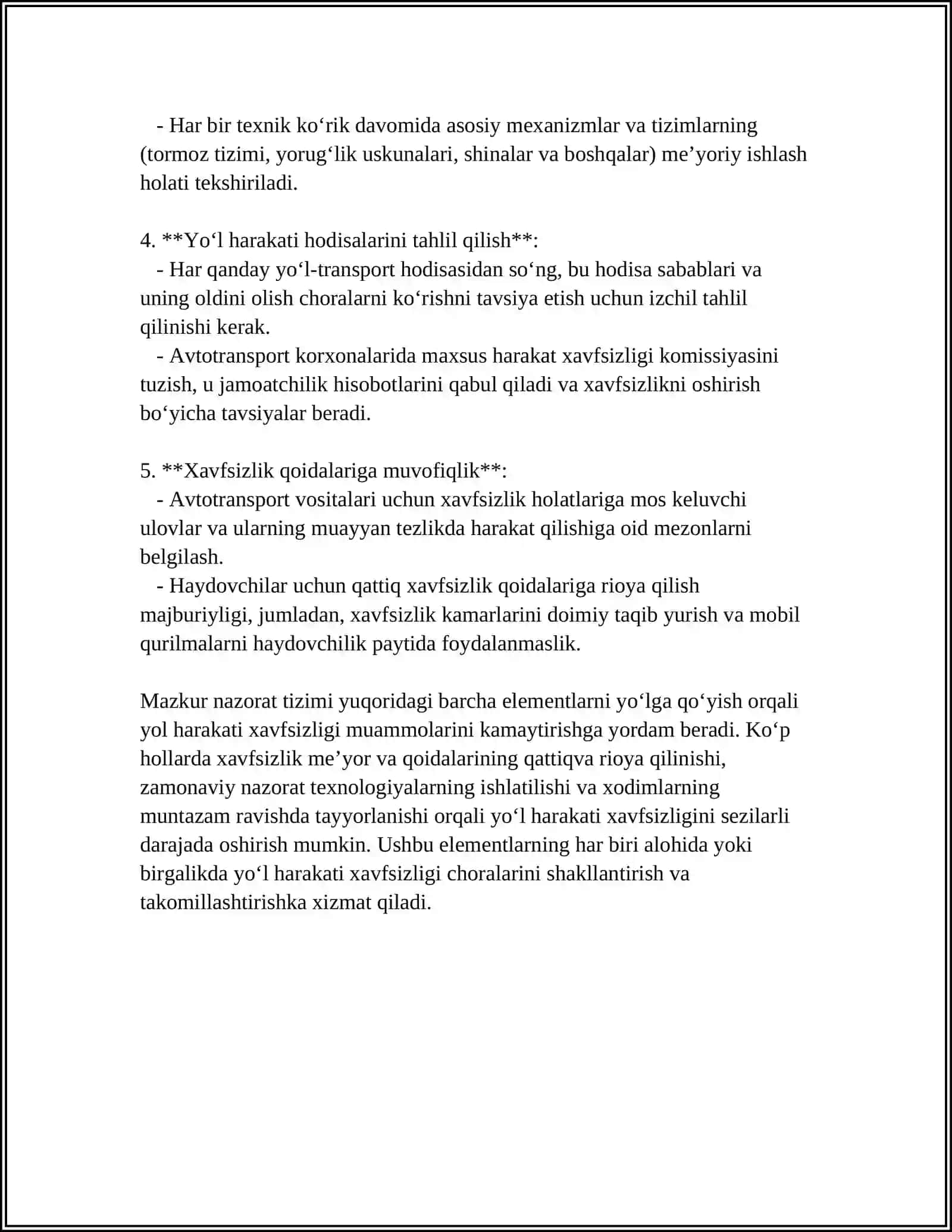 KICHIK AVTOTRANSPORT KORXONALARIDA SHUNINGDEK TADBIRKORLIK STRUKTURALAR HAYDOVCHILIKLARINING YOʻL XARAKATINI XAFSIZLIGINI TAMINLASH BOʻYICHA ISHINING OʻZIGA HOS HUSUSIYATLARI 4