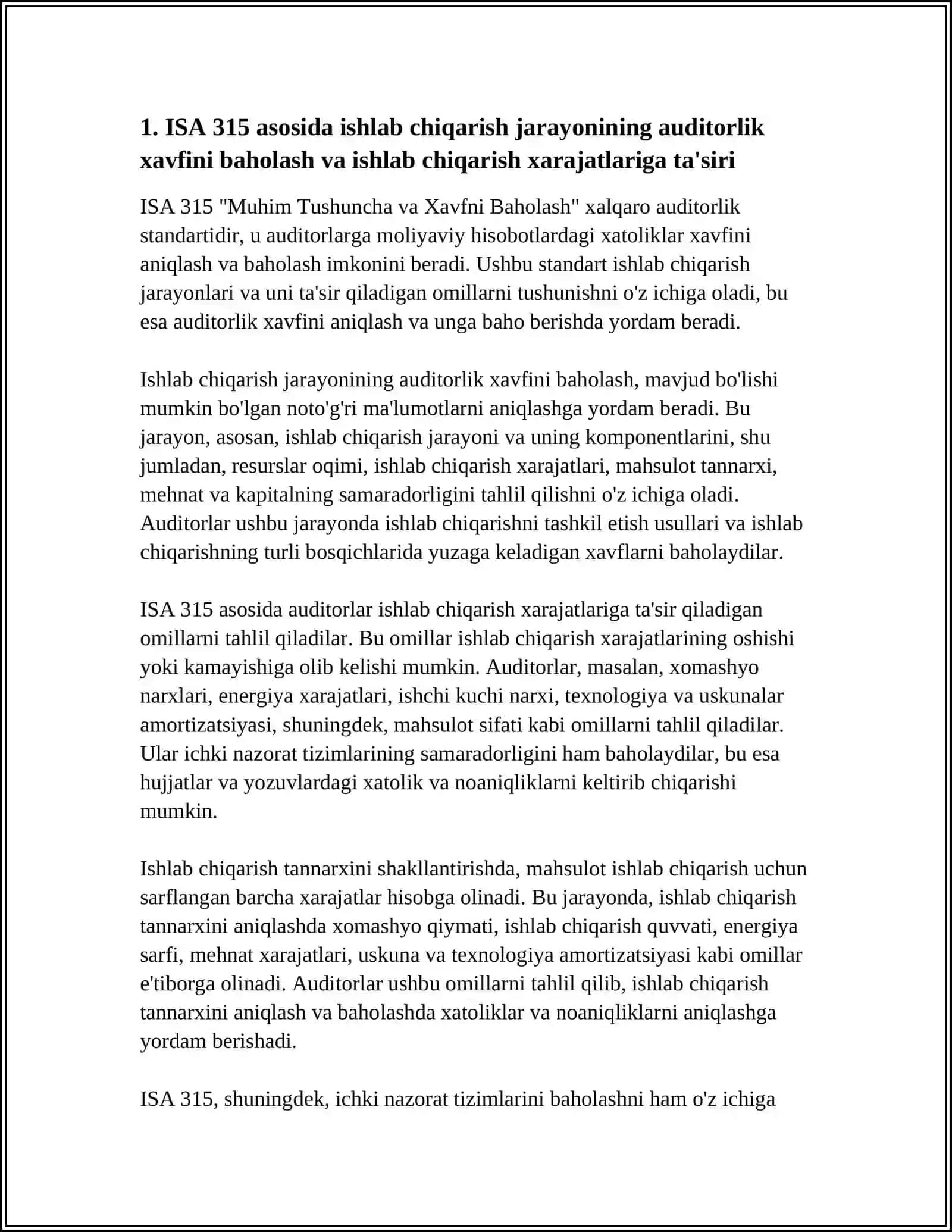 ISHLAB CHIQARISH JARAYONI AUDITI: ISHLAB CHIQARISH XARAJATLARI VA TANNARX SHAKLLANISHI USTIDAN XALQARO YONDASHUVLAR (ISA 315 VA ISA 500 ASOSIDA) 4
