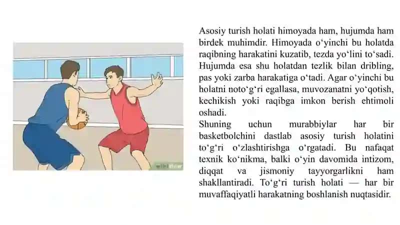 Basketbol o‘yinida asosiy turish xolati, himoya xolati harakatlanish texnikasi 4