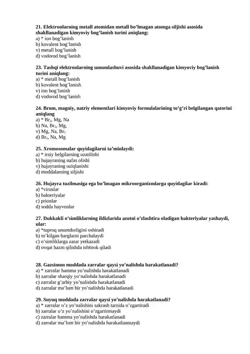 “Tabiiy fanlar” va uni o’qitish metodikasi testlar 4