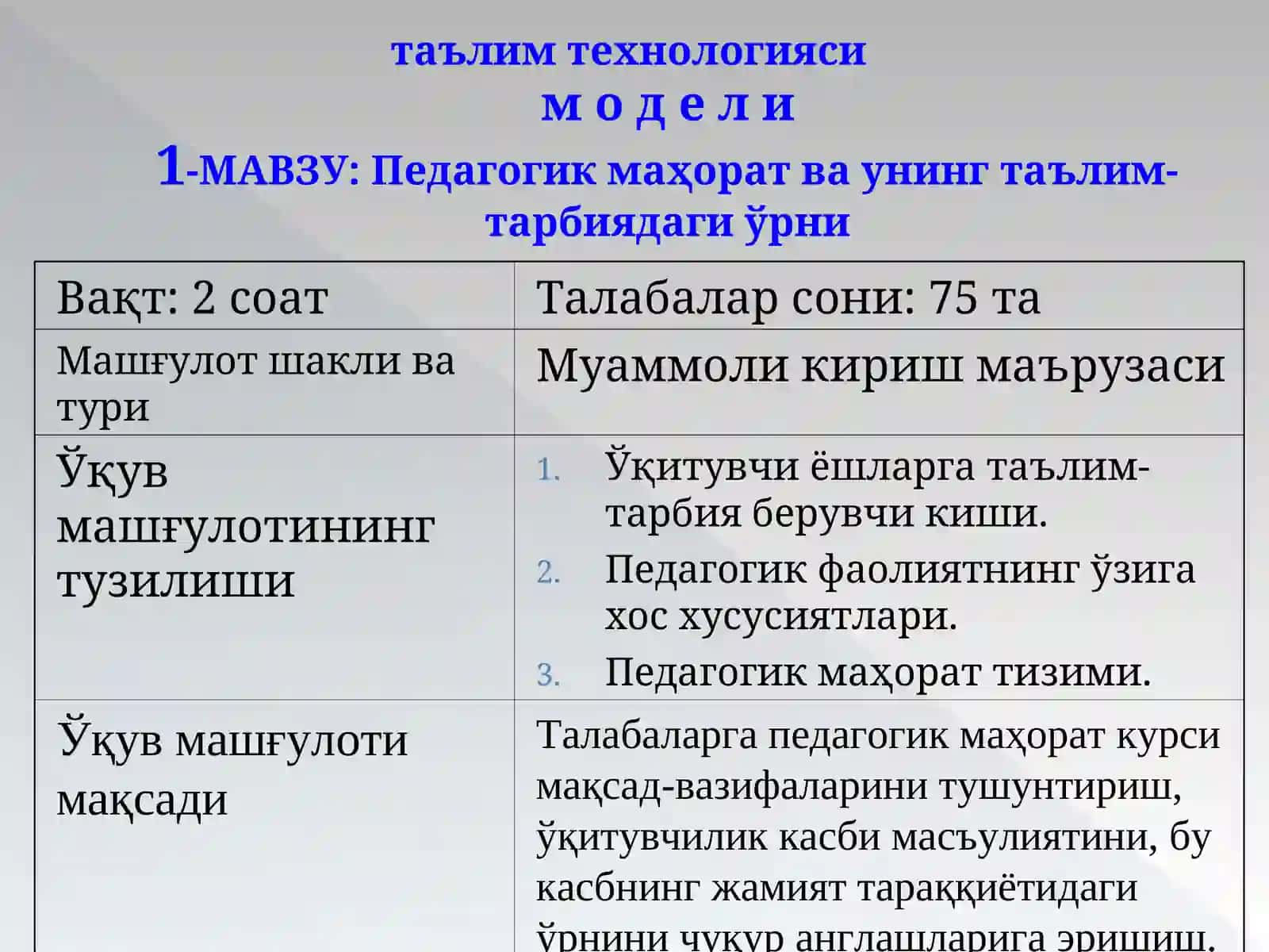 Педагогик маҳорат фани бўйича  таълим технологияларини  лойиҳалаштириш,  режалаштириш ва амалга ошириш 4