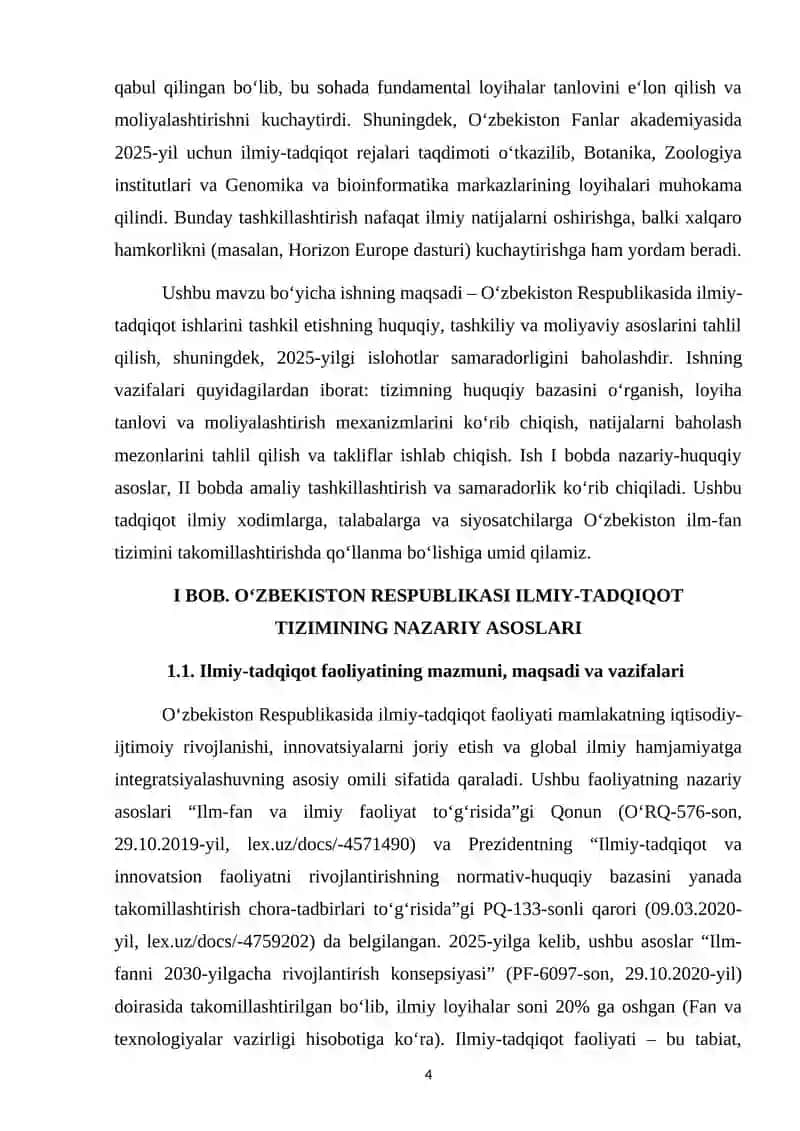 MAVZU: “O’zbekiston Respublikasida ilmiy-tadqiqot ishlarini tashkil etish .” 4
