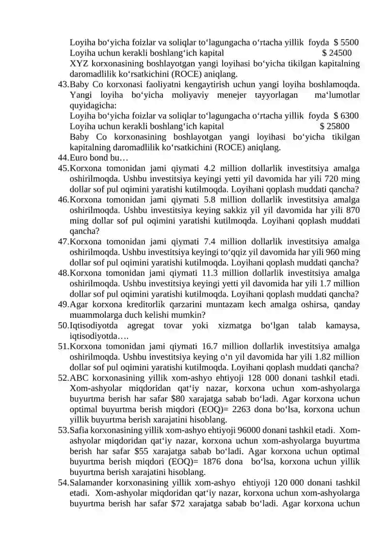 YAKUNIY NAZORAT TEST SAVOLLARI 4
