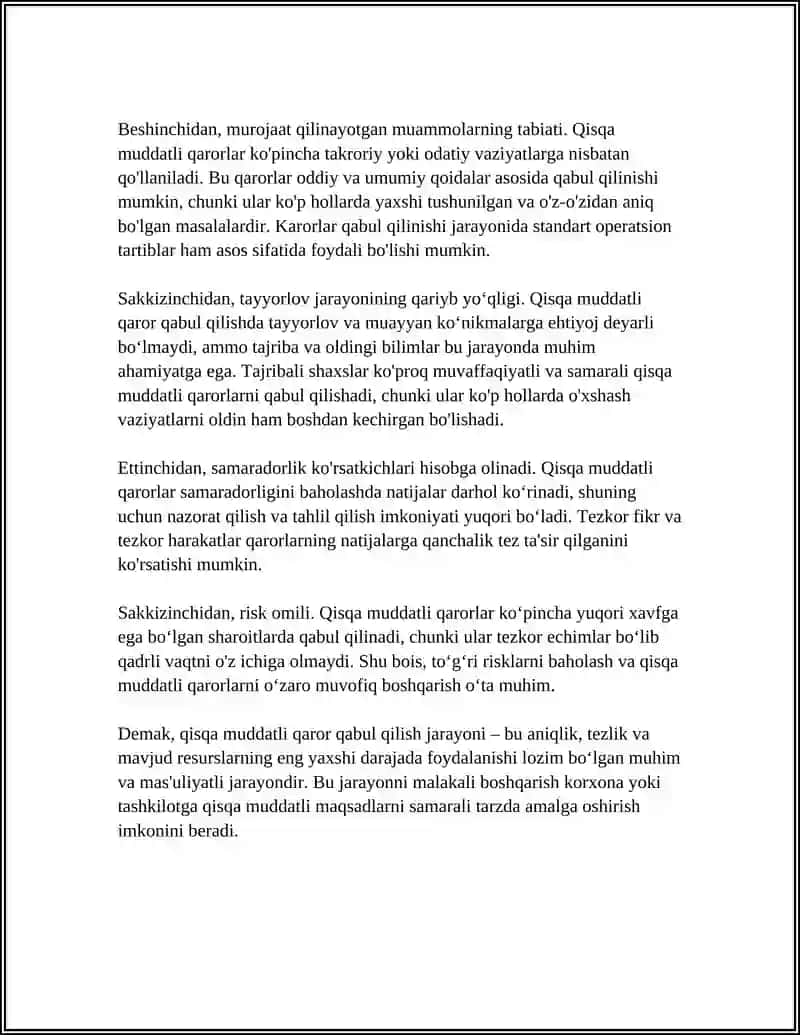 QISQA MUDDATLI QARORLAR QABUL QILISH VA TAHLIL QILISH 4